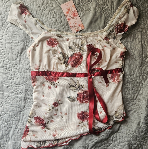 SHEIN Tops - SHEIN Floral Blouse with Red Ribbon